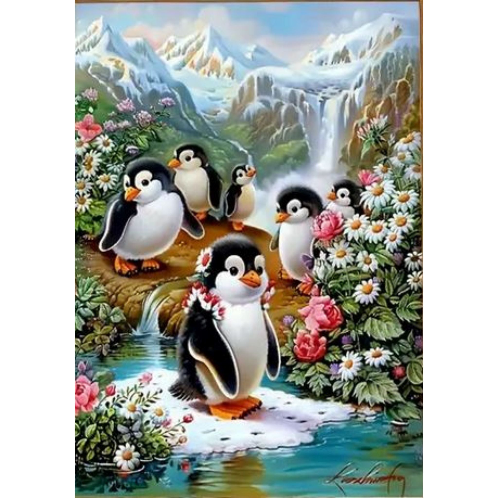 Kit complet diamond painting pingouins cascade montagne 30 par 40cm. Diamants ronds