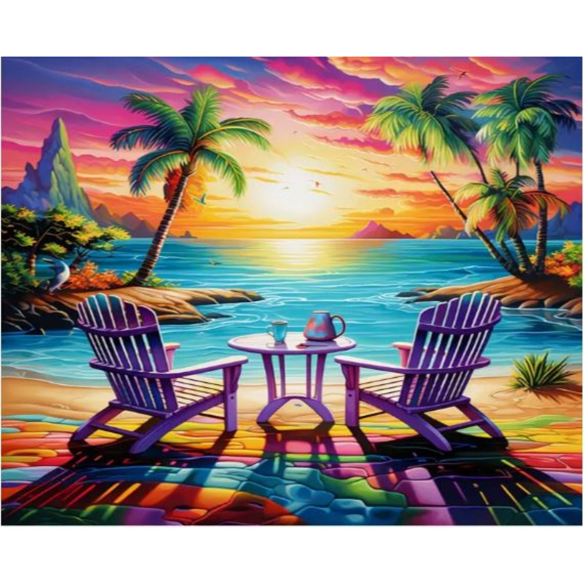 Kit diamond painting plage tropicale 30 par 40cm. Diamants ronds