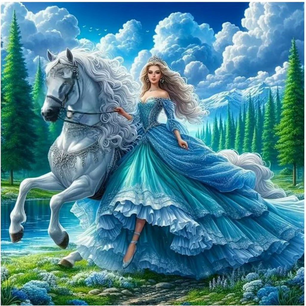 Kit diamond painting princesse et cheval blanc 40 par 40cm. Diamants ronds