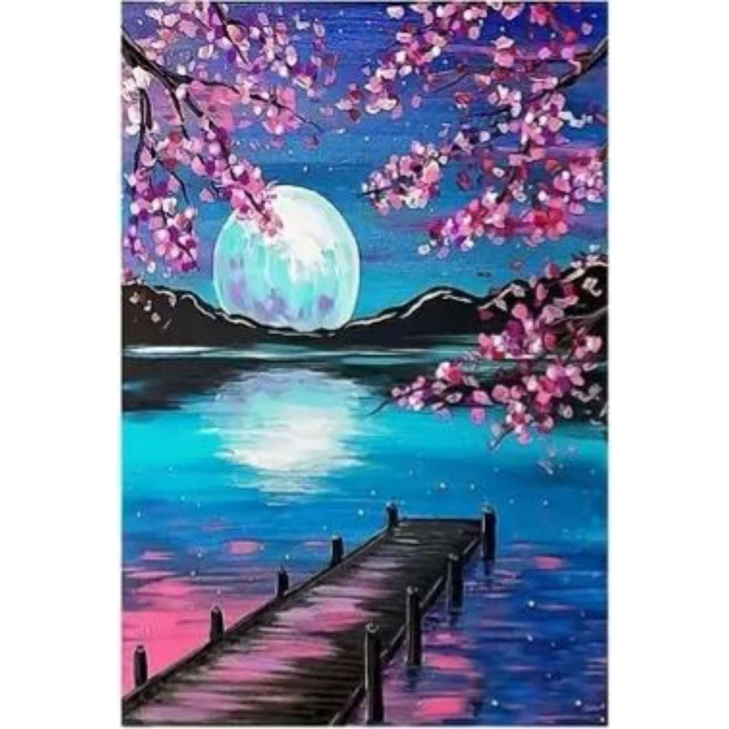 Kit Diamond Painting quai romantique cerisiers 30 par 40cm. Diamants ronds