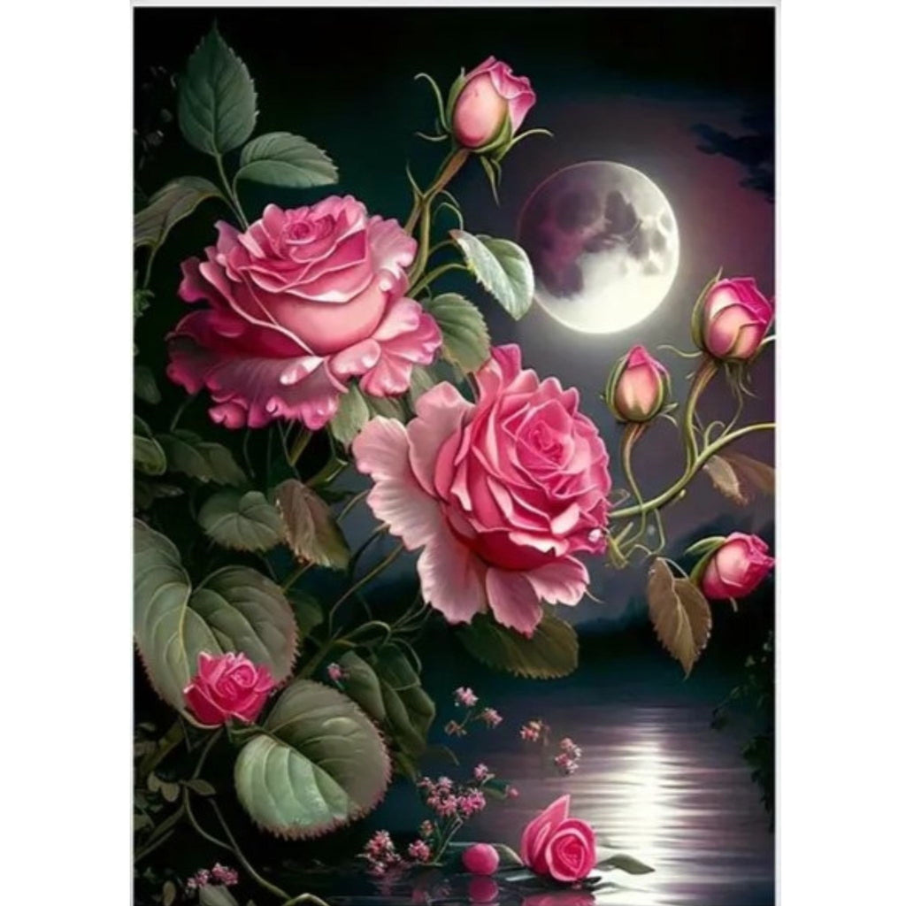 Kit complet diamond painting roses lune nocturne 30 par 40cm. Diamants ronds