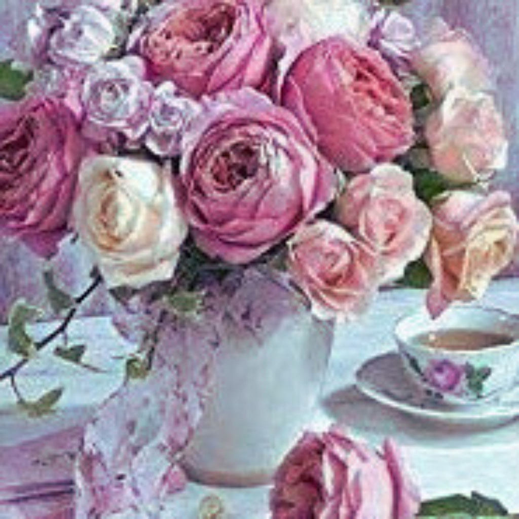 Kit complet diamond painting roses pastel tasse thé 30 par 40cm. Diamants ronds