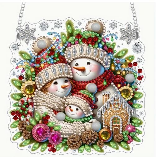 Diamond painting 2D. Support acrylique bonhommes neige chaînette 14 par 14cm