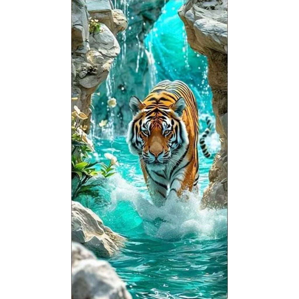 Kit complet diamond painting tigre cascade turquoise 40 par 80cm. Diamants ronds