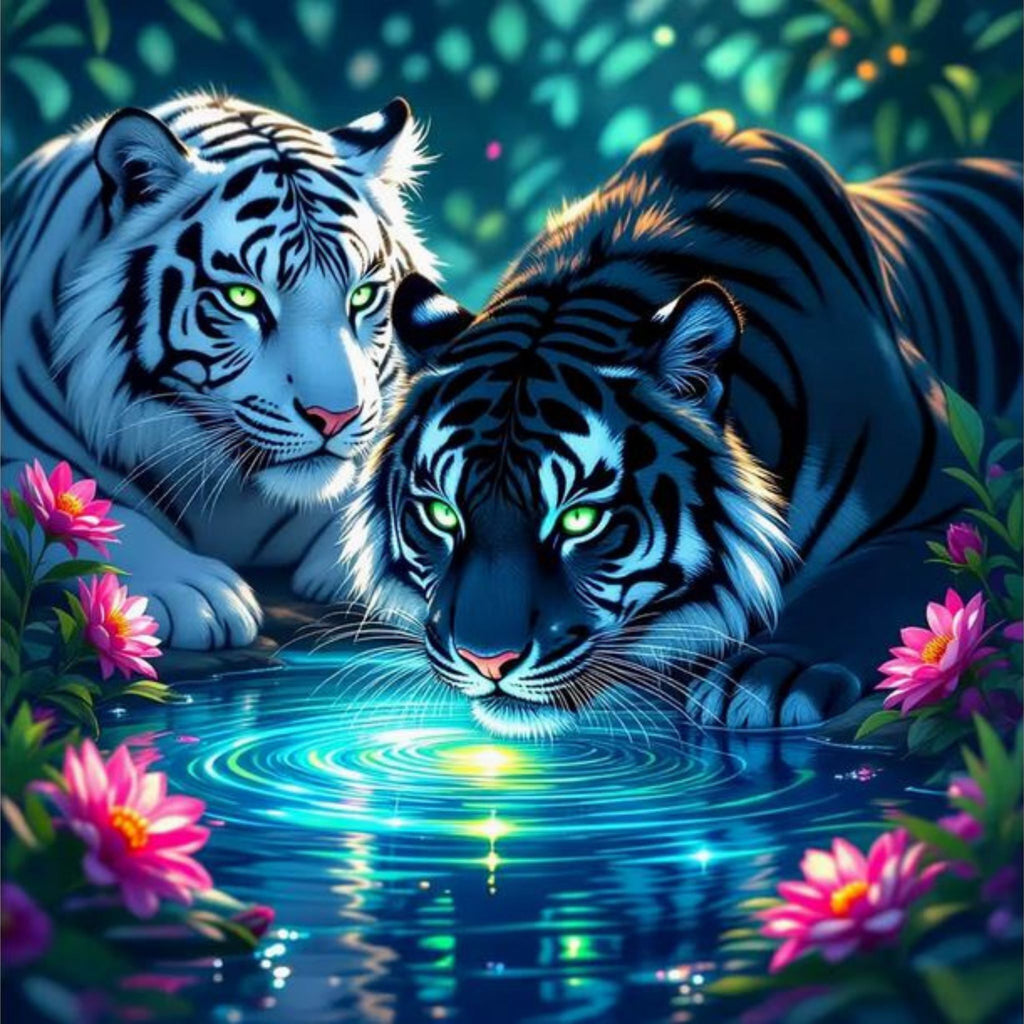 Diamond Painting Tigres Bleus Nénuphars 50x50 - Art & Trésorts