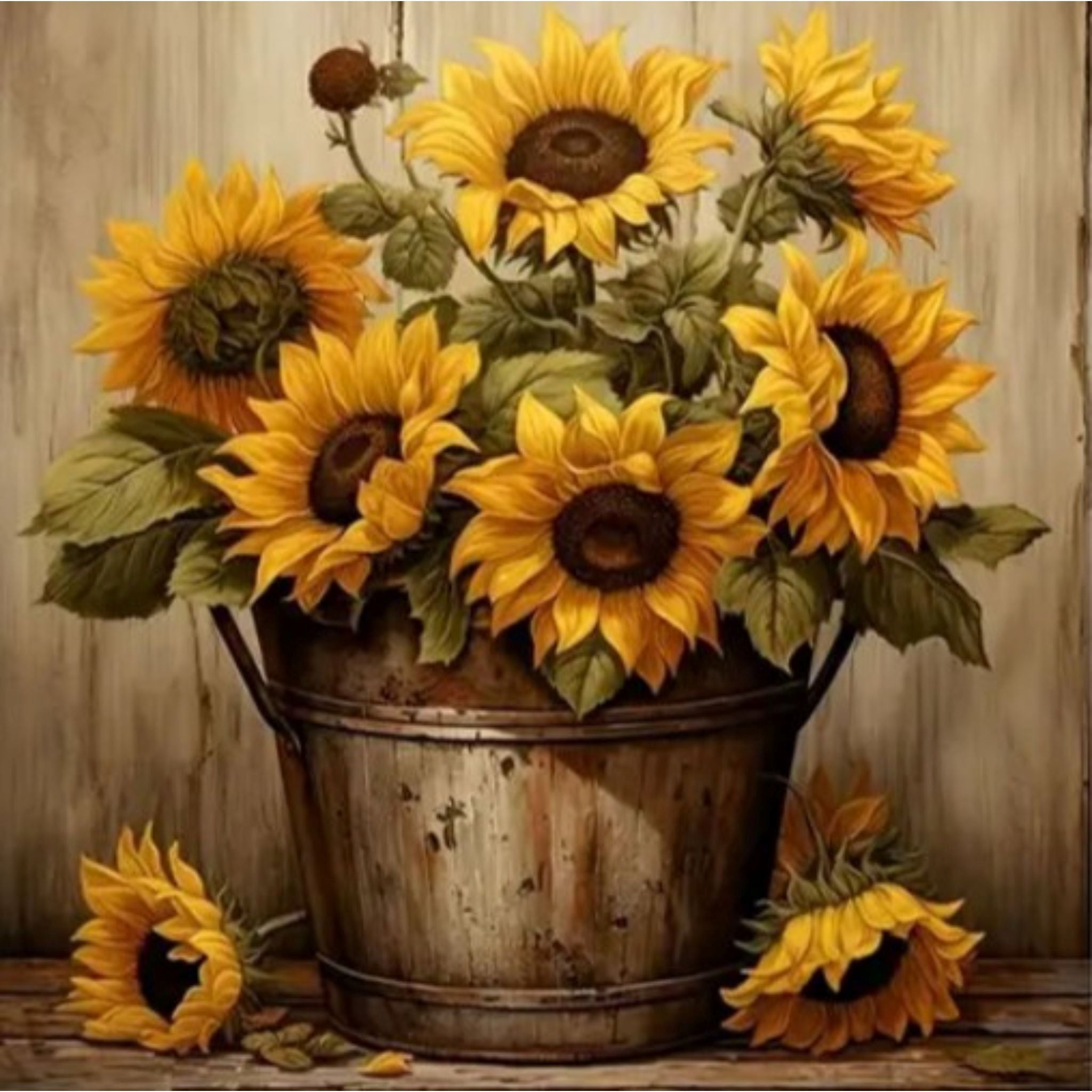 Kit Diamond Painting tournesols rustiques 20 par 20cm. Diamants ronds