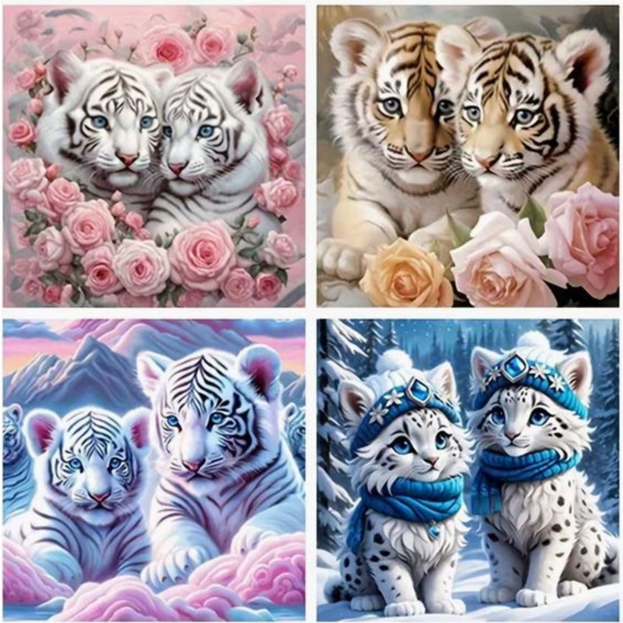 Kit complet diamond painting lot 4 tigres blancs 30 par 30cm. Diamants ronds