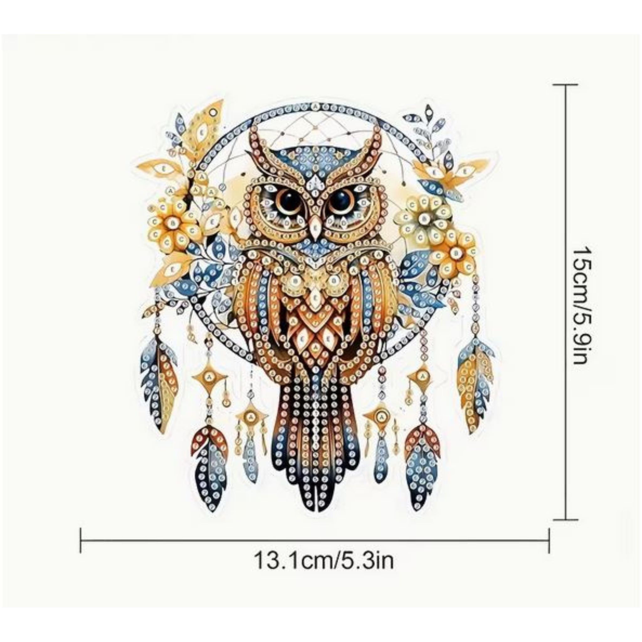 Gandeur du Kit complet diamond painting 2D hibou attrape-rêves 13x15cm. Diamants irréguliers