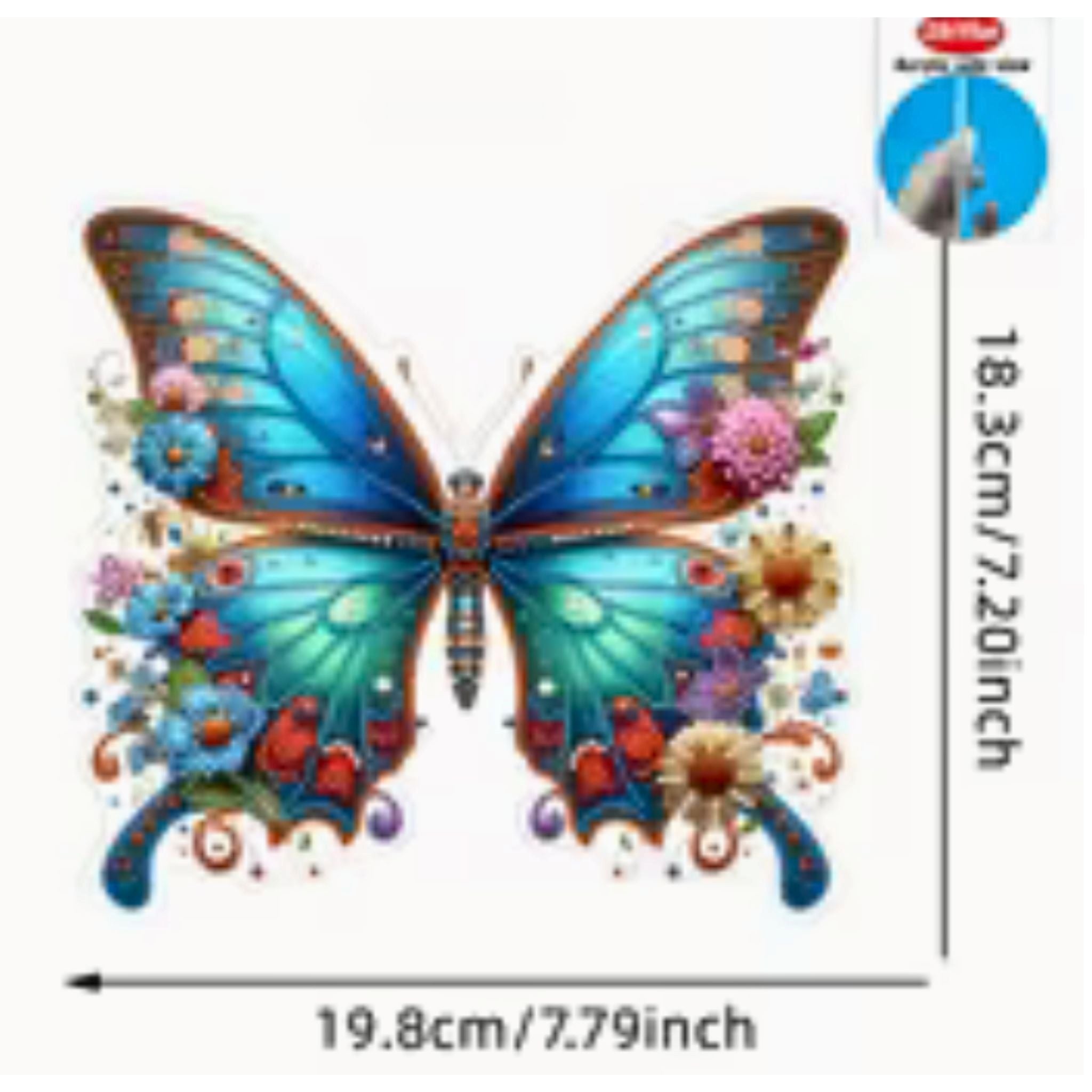 Grandeur du Kit complet diamond painting 2D papillon bleu 19x18cm. Diamants irréguliers