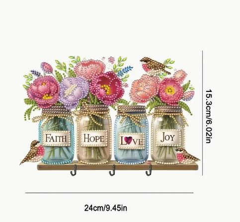 Grandeur Kit diamond painting 2D.Support acrylique pots fleurs porte-clés mural 24 par 15