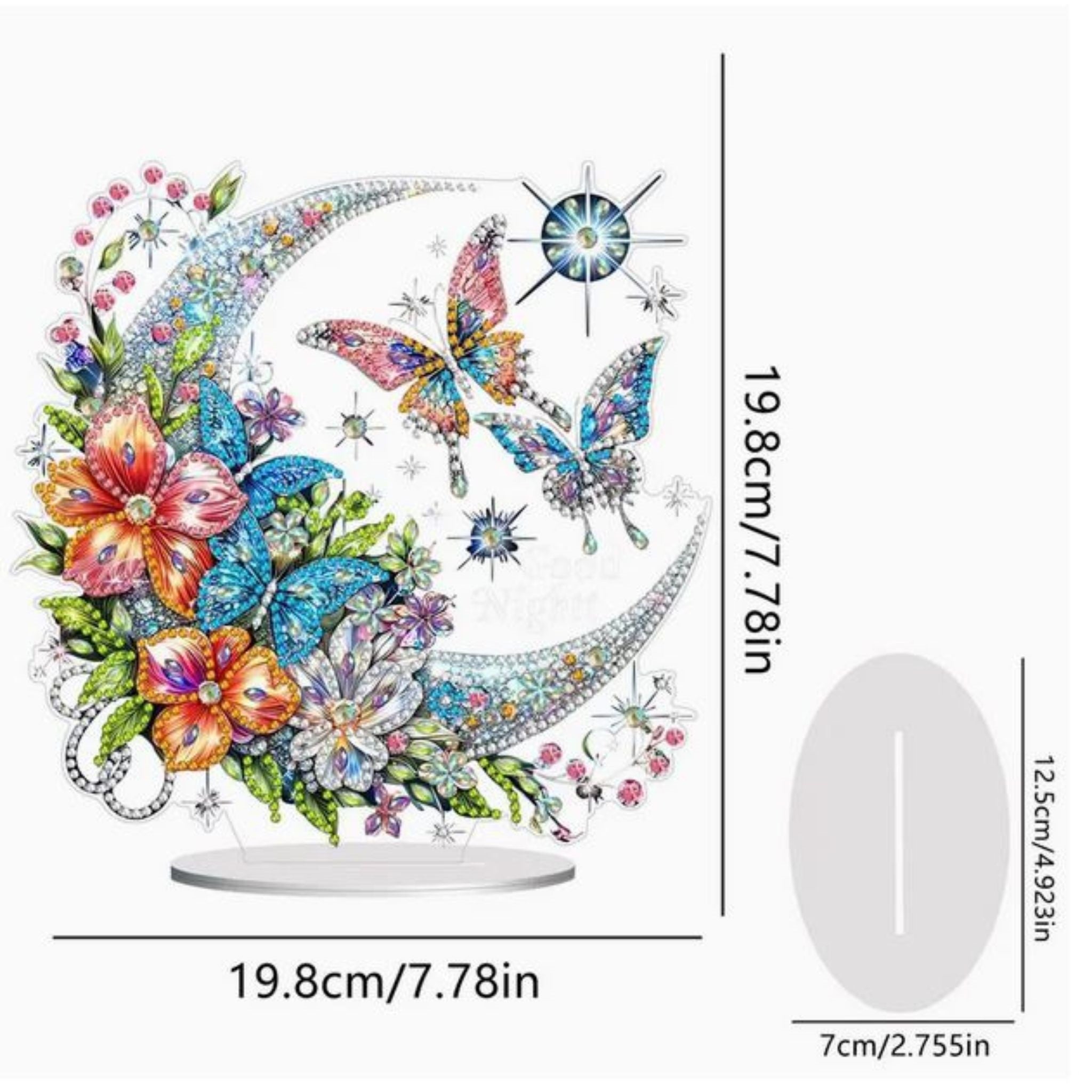 Grandeur du Kit diamond painting lune florale papillons 19x19cm. Diamants irréguliers