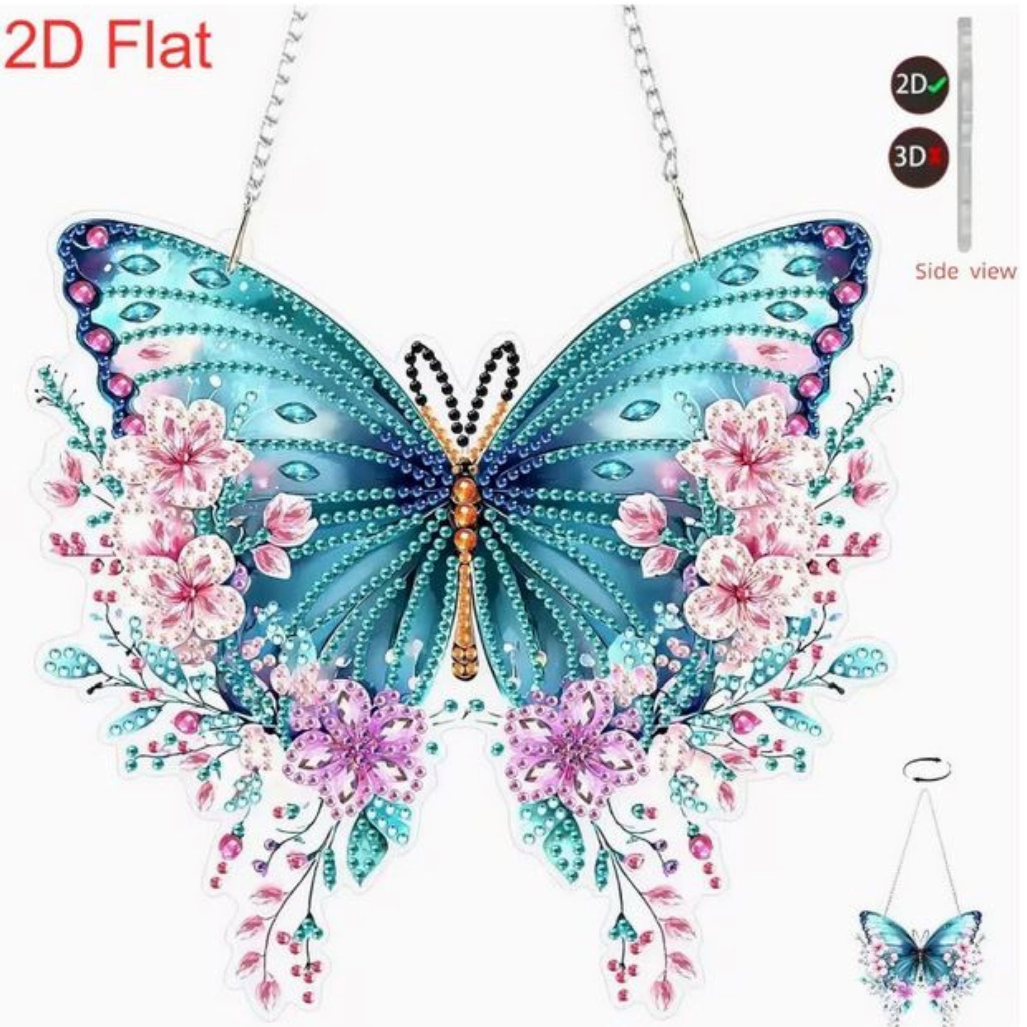 Diamond Painting 2D Papillon Turquoise Fleurs 19x18cm - Art & Trésorts