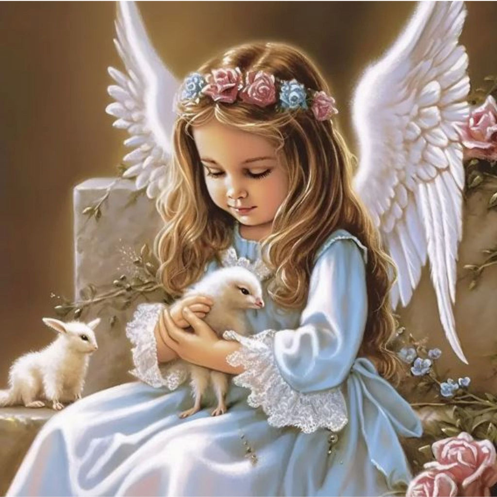 Peinture Diamant Une adorable fillette ange aux cheveux blonds ondulants avec ailes blanches 30x30 | Diamants Ronds - Art & Trésorts