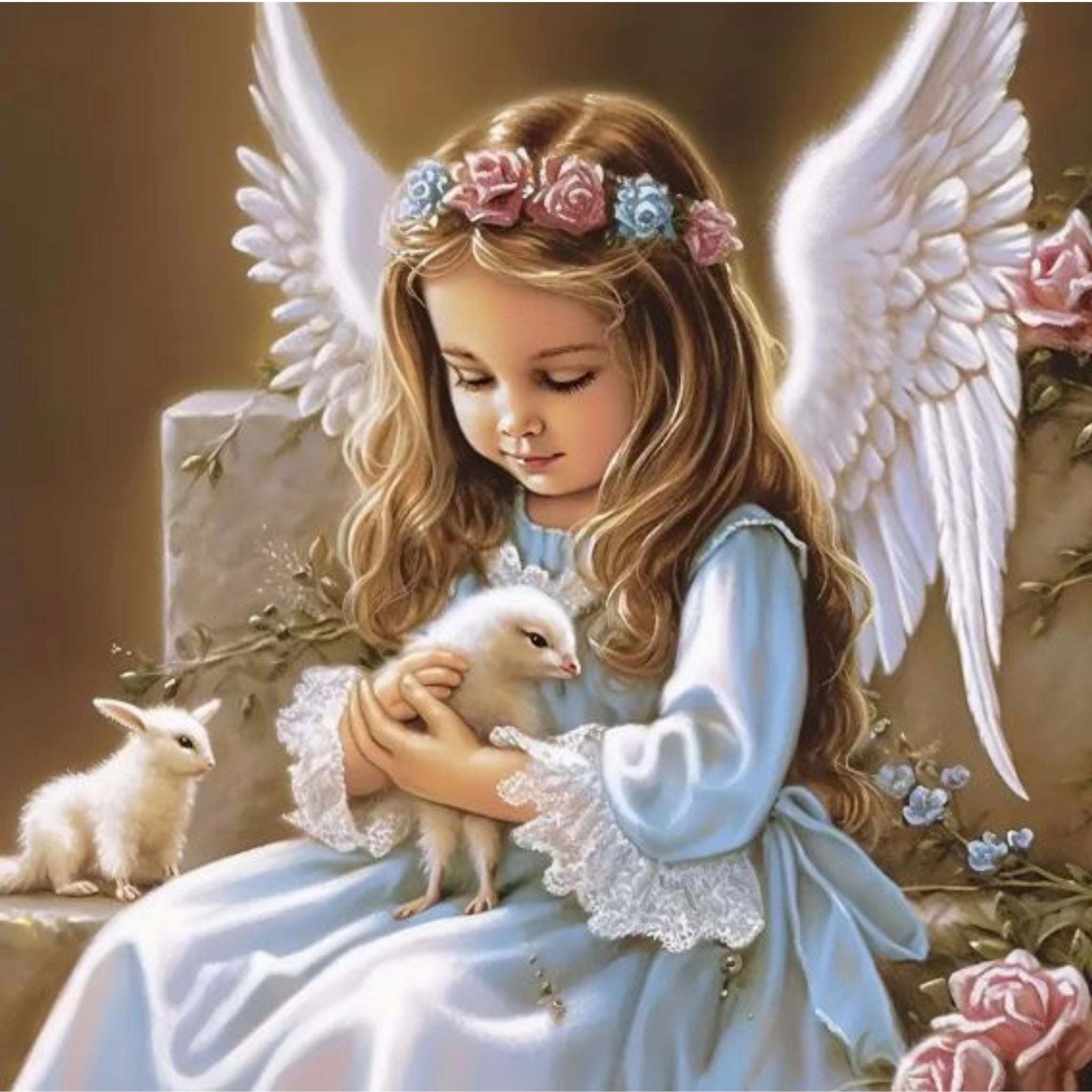 Peinture Diamant Une adorable fillette ange aux cheveux blonds ondulants avec ailes blanches 30x30 | Diamants Ronds - Art & Trésorts