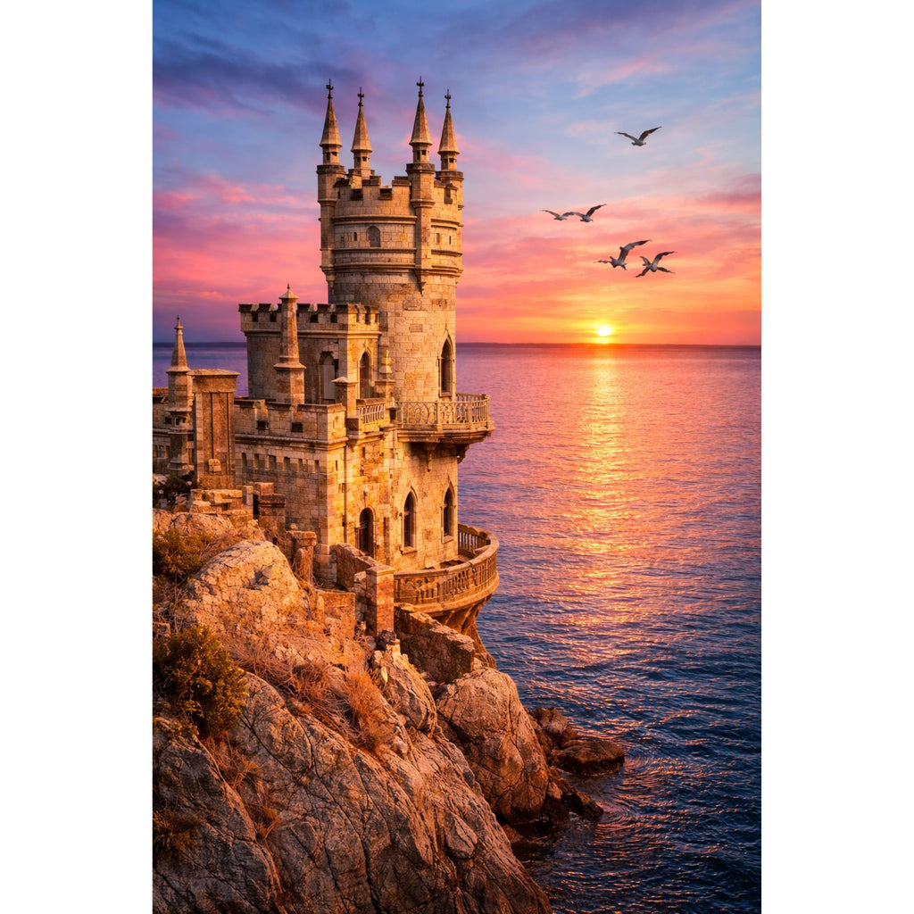 Kit complet diamond painting château coucher de soleil 40 par 50cm. Diamants carrés