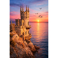 Kit complet diamond painting château coucher de soleil 40 par 50cm. Diamants carrés