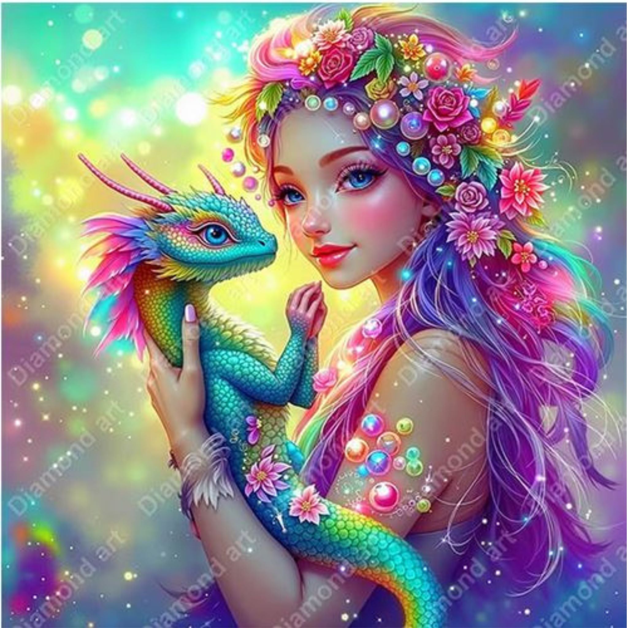 Kit complet diamond painting dragon arc-en-ciel 45 par 45cm. Diamants ronds