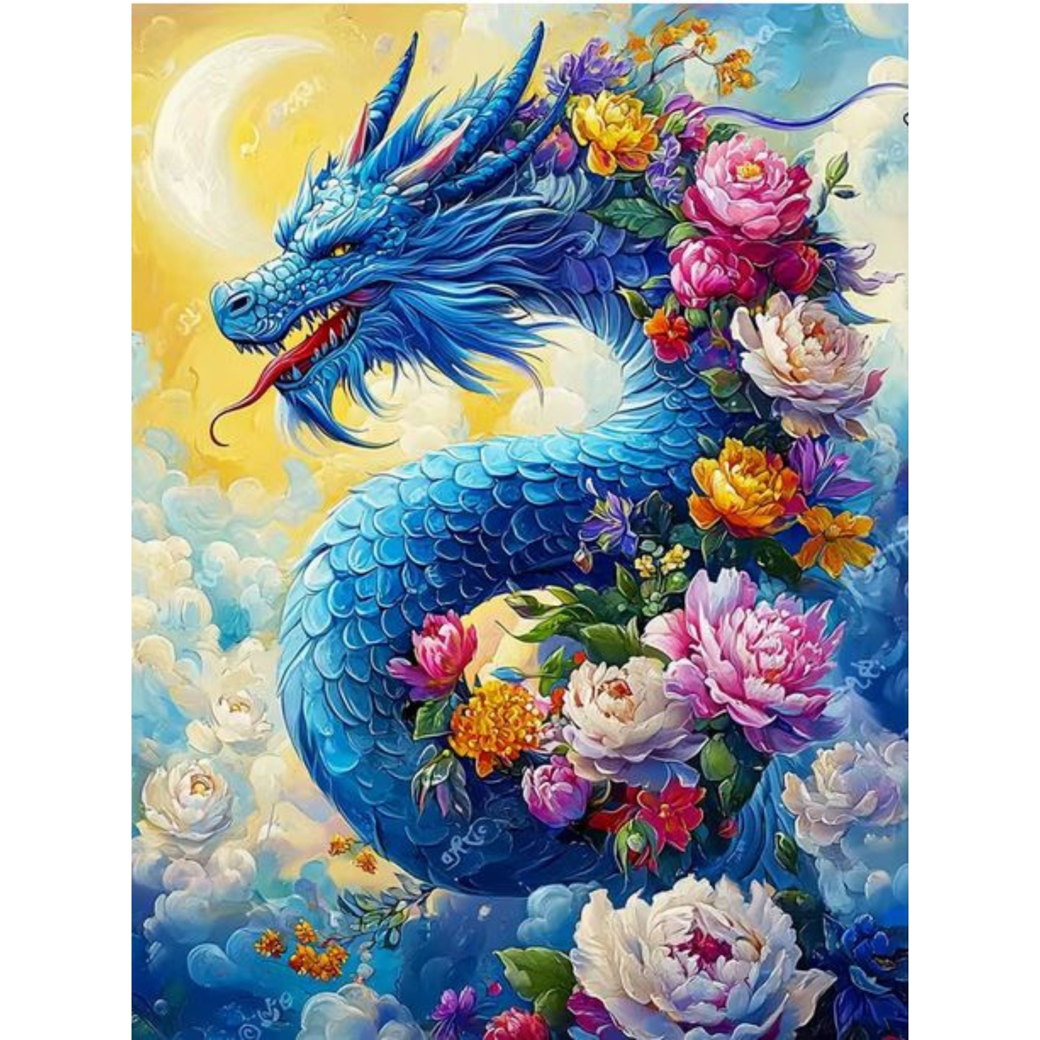 Kit complet diamond painting dragon bleu pivoines 40 par 50cm. Diamants ronds