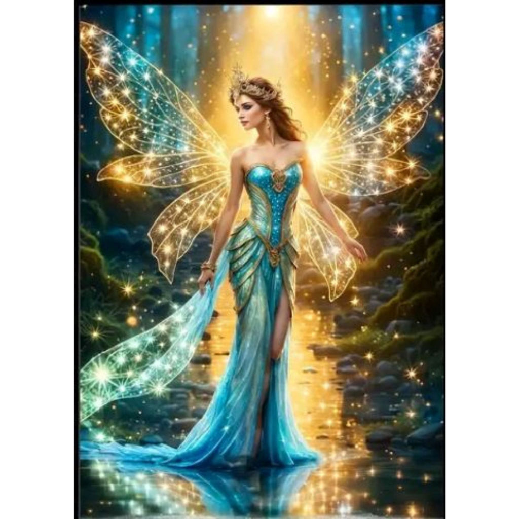 Kit diamond painting fée turquoise ailes dorées 30 par 40cm. Diamants ronds