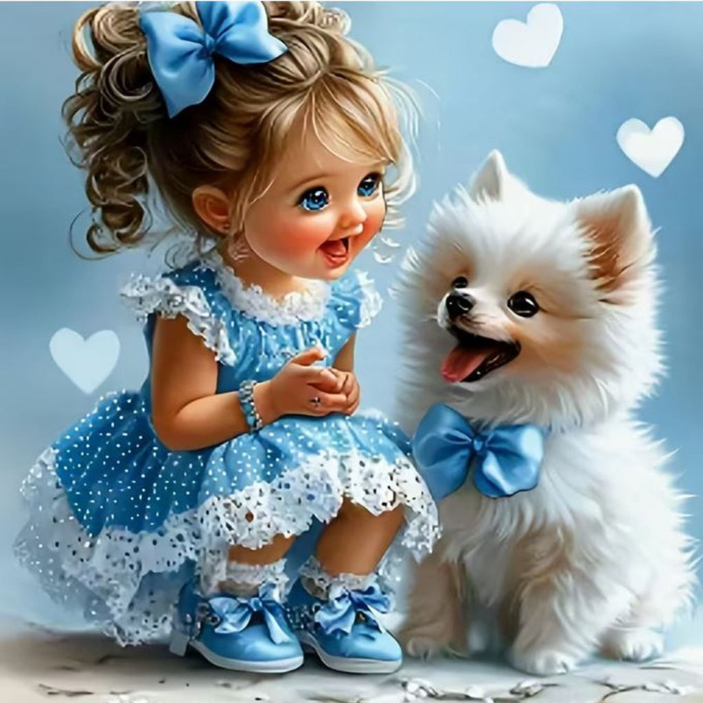 Kit Diamond Painting fillette et chien blanc joyeux 30 par 30cm. Diamants ronds