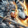 Kit Diamond Painting guerrière et loup de feu 40 par 40cm. Diamants ronds
