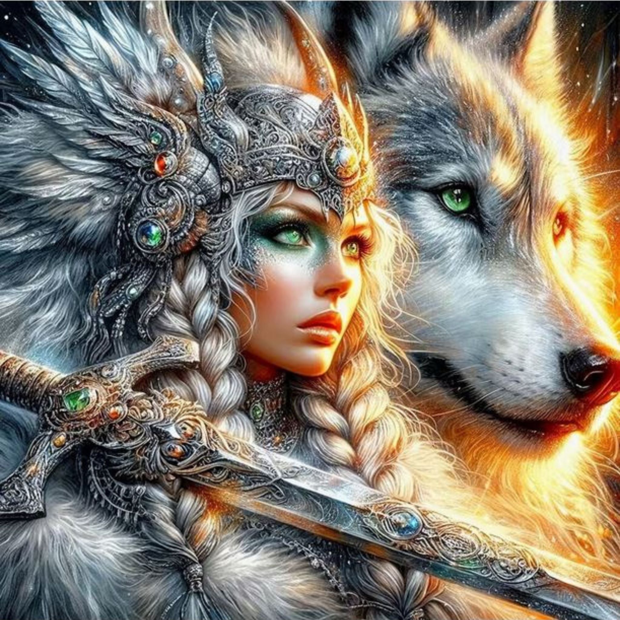 Kit Diamond Painting guerrière et loup de feu 40 par 40cm. Diamants ronds