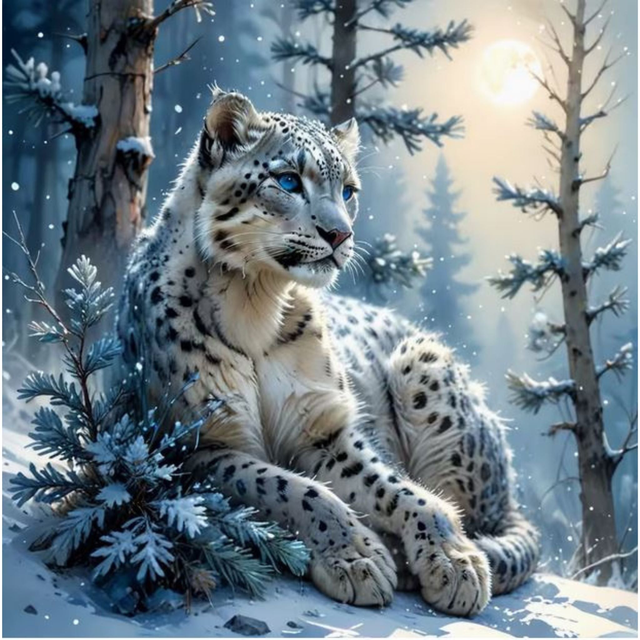 Kit Diamond Painting léopard des neiges majestueux 50 par 50cm. Diamants ronds