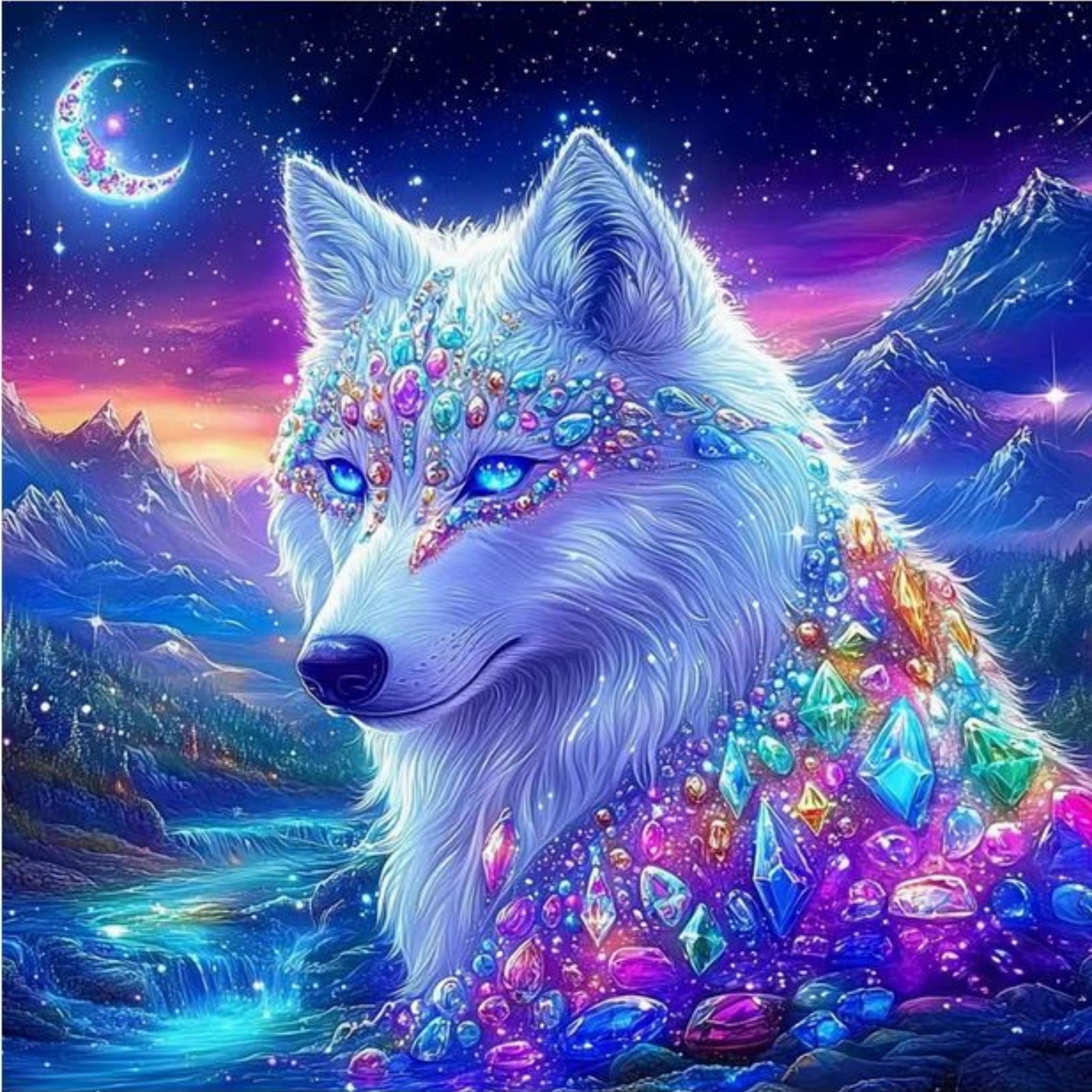 Diamond Painting Loup Mystique Pierres Precieuses 40x40 - Art & Trésorts