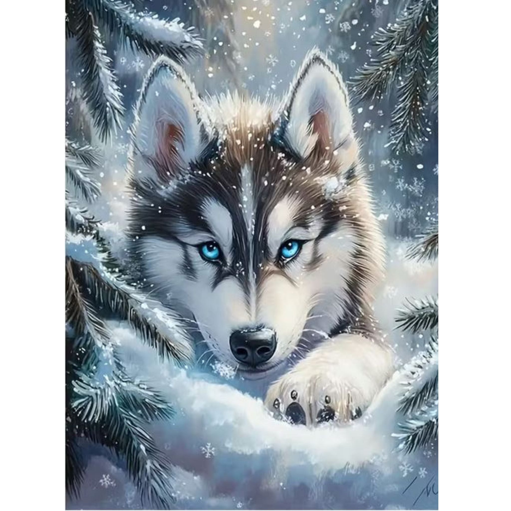 Kit complet diamond painting loup yeux de glace hivernal 30 par 40cm. Diamants ronds