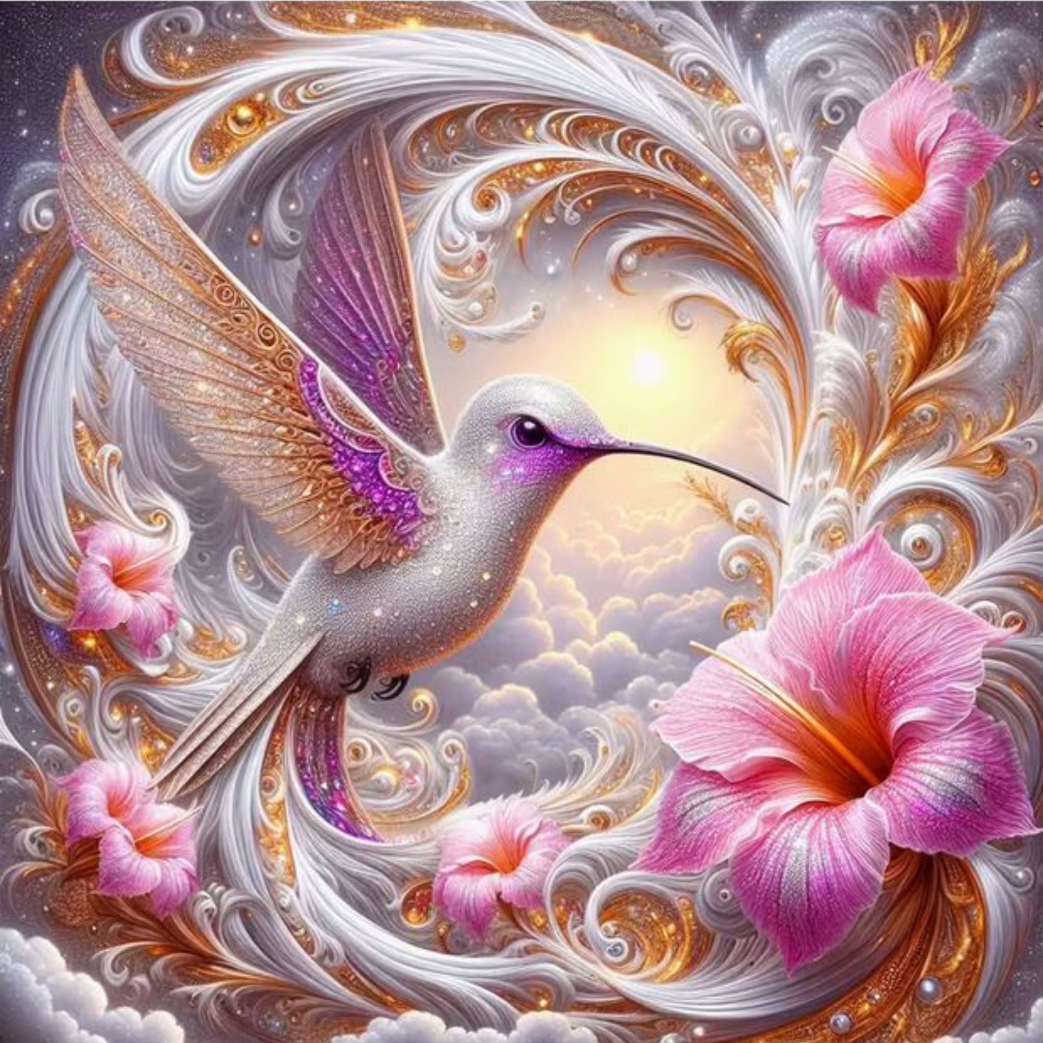 Kit complet diamond painting oiseau-mouche 40 par 40cm. Diamants ronds