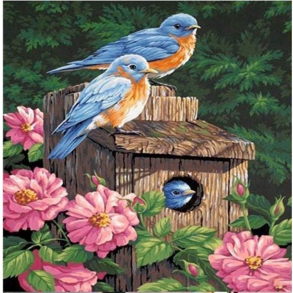 Kit complet diamond painting oiseaux bleus nichoir 30 par 40cm. Diamants ronds,