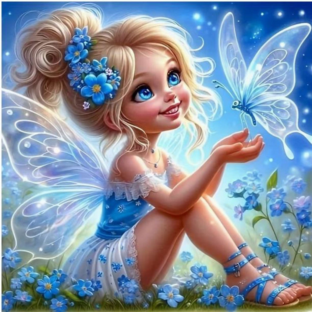 Kit complet diamond painting petite fée papillon bleu 30 par 30cm. Diamants ronds